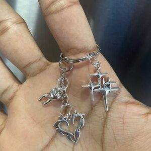 Y2K Punk silver spike fire heart keychain - with stars and tooth charms